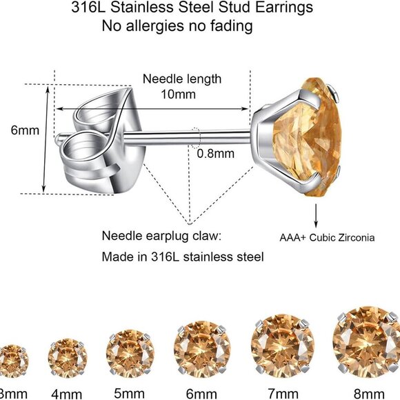 Perfect Gift: 6 Pairs of Hypoallergenic CZ Earrings - 3-8mm in Premium Steel - Picture 4 of 8